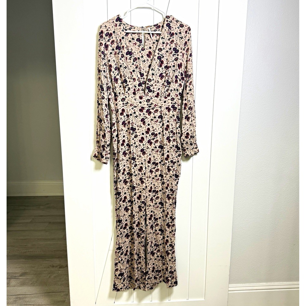 Free People "Some Like It Hot" Jumpsuit Size 10 cream burgundy floral Bohemian